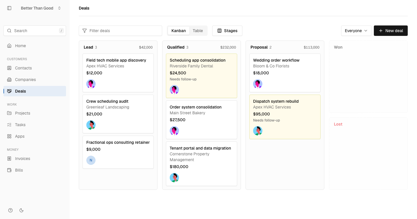 The Deals pipeline board in WORK