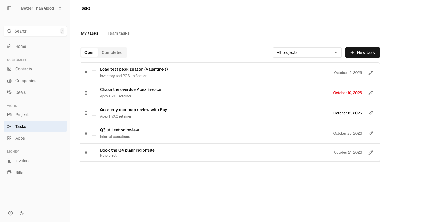 The Tasks screen in WORK