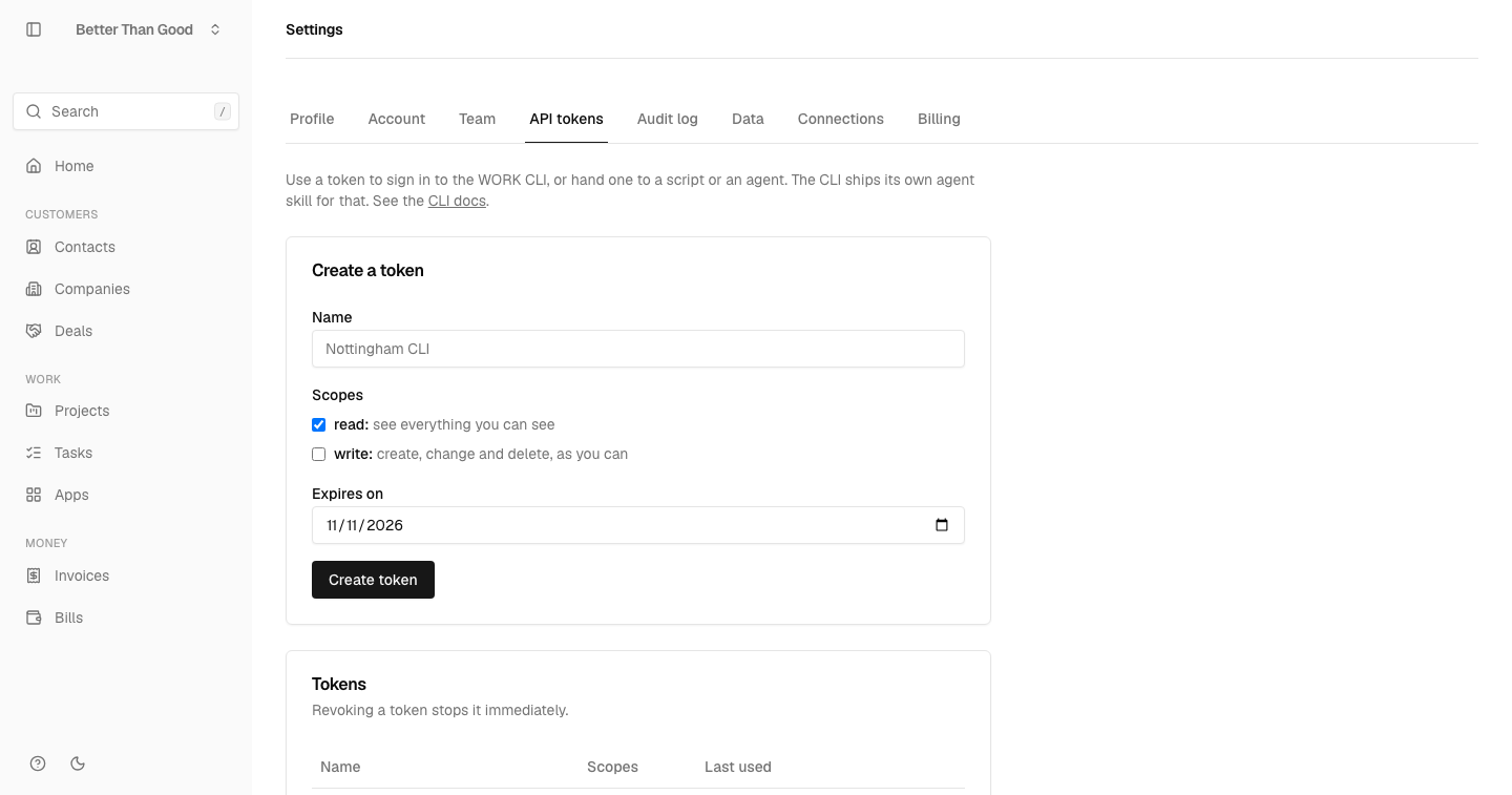 The API tokens screen in WORK’s settings
